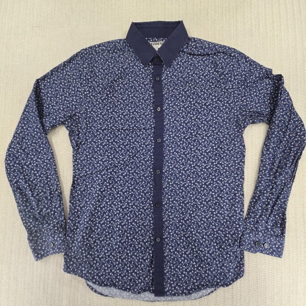 Express Shirt Mens Medium Blue Floral Long Sleeve Fitted Slim Button Up Casual
